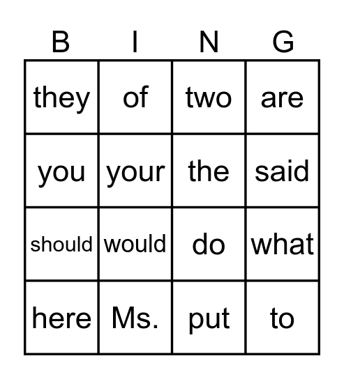 Red Words Level 1 Bingo Card