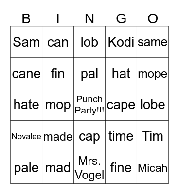 Punch Party!!! Bingo Card