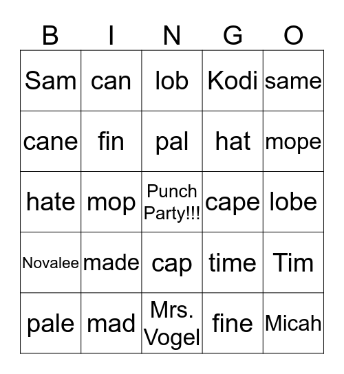 Punch Party!!! Bingo Card