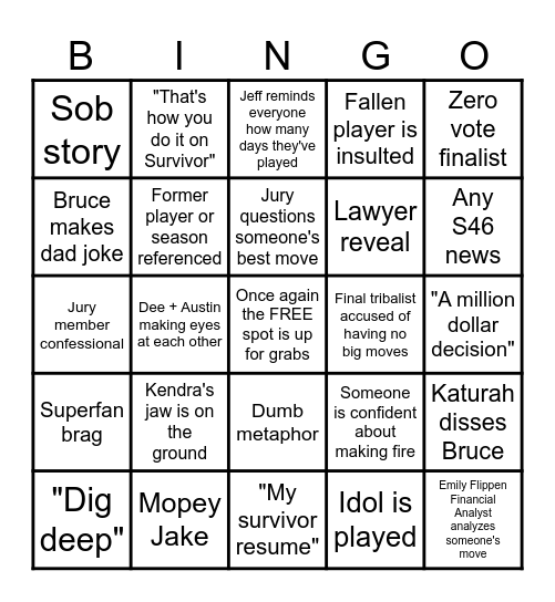 SURVIVOR 45 FINALE Bingo Card