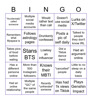 Social Media Bingo Card