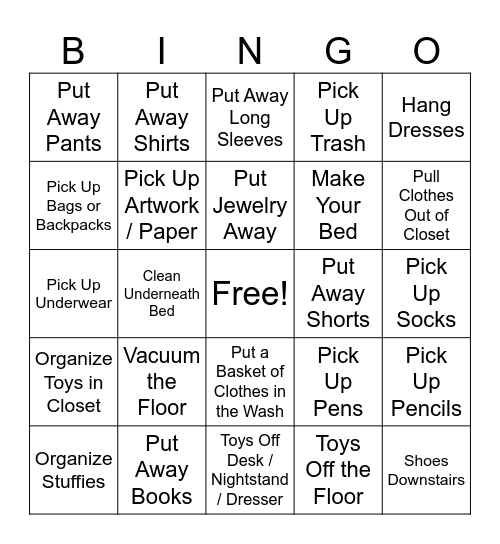 Kids Room Cleanup! Bingo Card