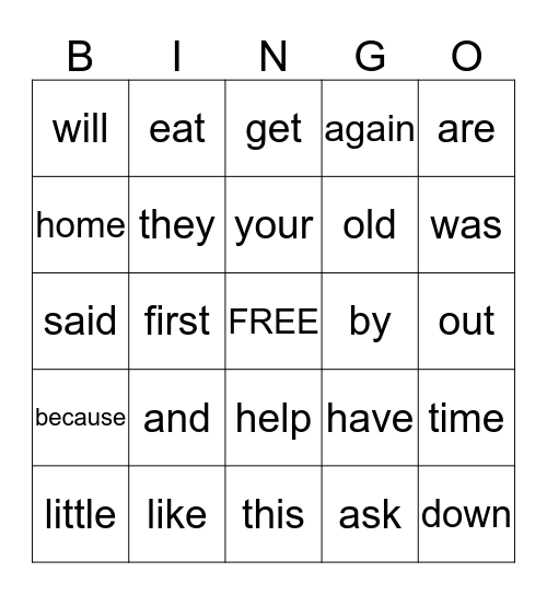 Sight word BINGO Card