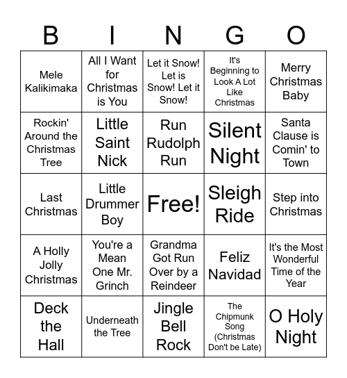 Christmas Song Bingo Card