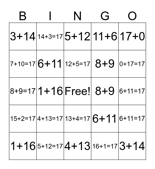 17 Fact Family Bingo Card