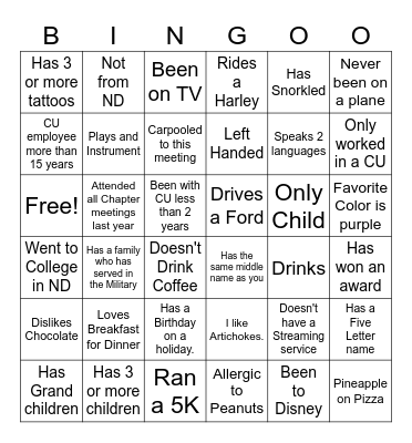 Get to Know you Chapter Members Bingo Card