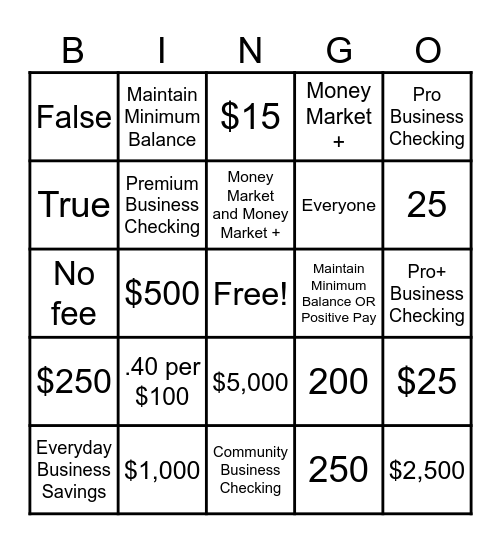 Business Checking and Savings Bingo Card