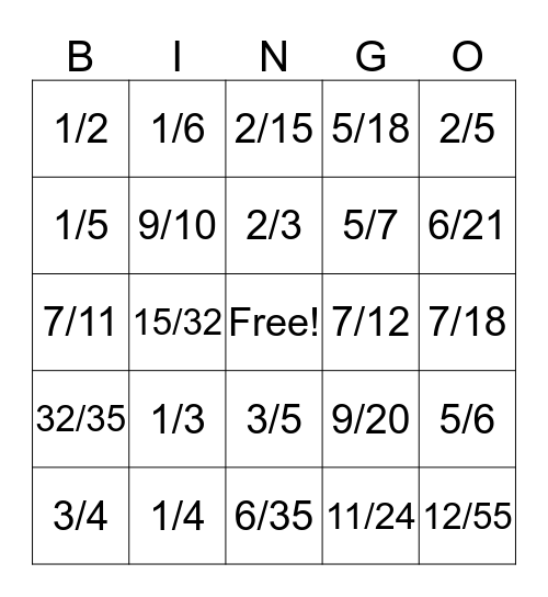 Fraction Bingo Card