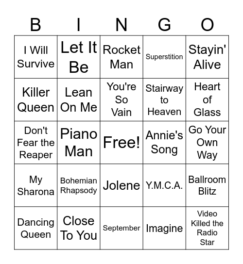 70s Songs Bingo Card