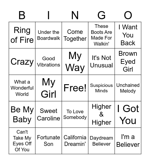 60s Songs Bingo Card