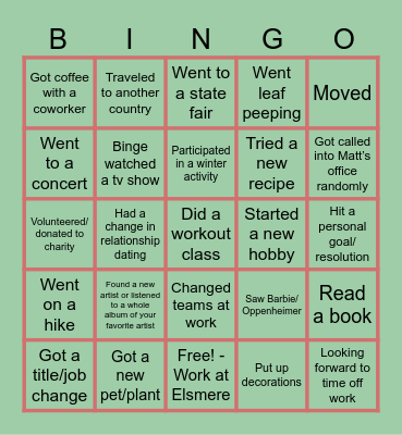 A Year in Review Bingo Card