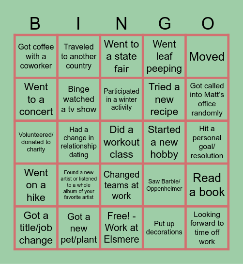 A Year in Review Bingo Card