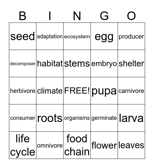 Chapter 1:  Livings Things Grow and Change Bingo Card