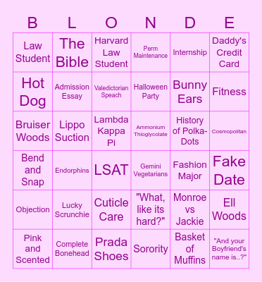 LCCC Movie Legally Blonde Bingo Card