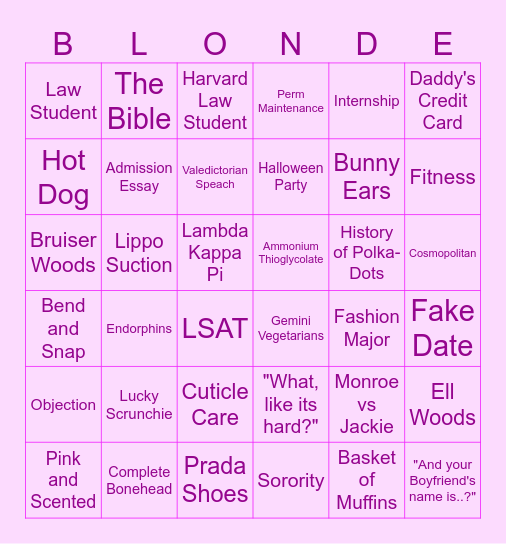 LCCC Movie Legally Blonde Bingo Card