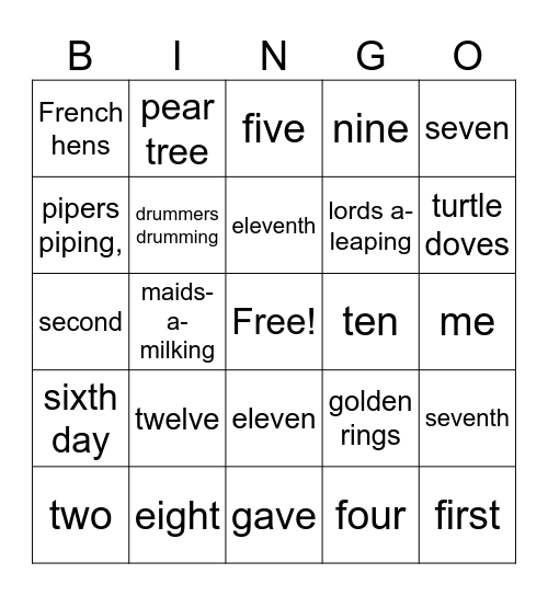 12 Days of Christmas Bingo Card