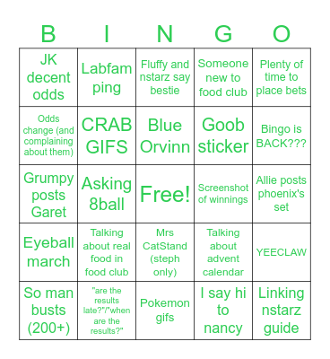 Food Club Bingo Card