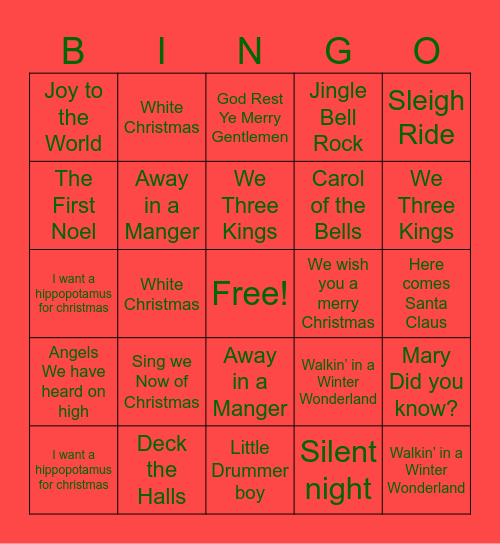 Christmas Song Bingo Card