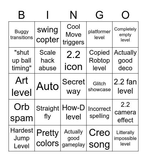 Recent Tab Bingo (Geometry Dash How-D) Bingo Card