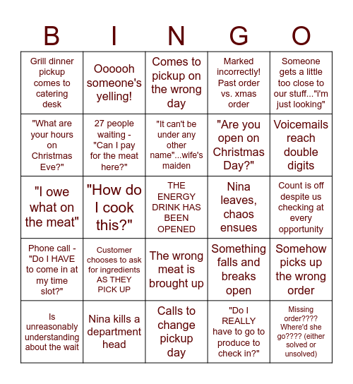 CATERING HOLIDAY BINGOOOOOOOOO Bingo Card
