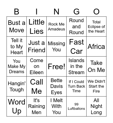 1980s Songs Vol. 1 Bingo Card