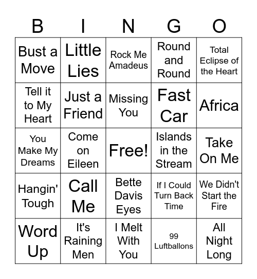 1980s Songs Vol. 1 Bingo Card