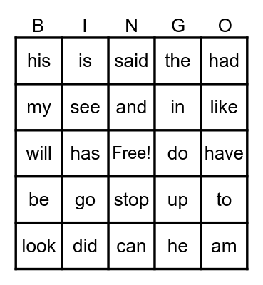 Sight Words Bingo Card