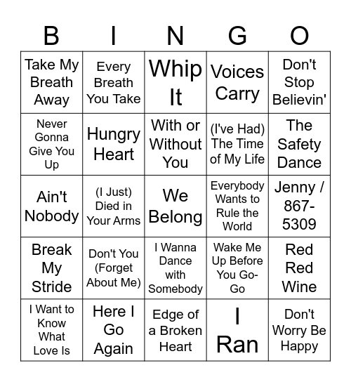 1980s Songs Vol. 2 Bingo Card