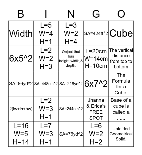 Surface Area  Bingo Card