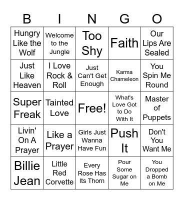 1980s Songs Vol. 3 Bingo Card