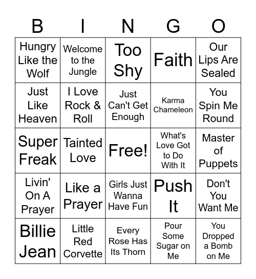 1980s Songs Vol. 3 Bingo Card