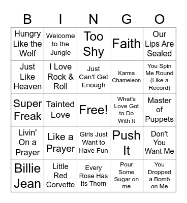 1980s Songs Vol. 3 Bingo Card