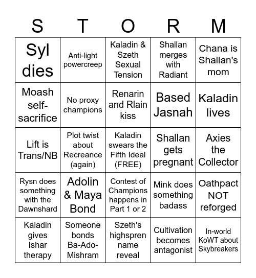 Stormlight Archive 5 Predictions Bingo Card