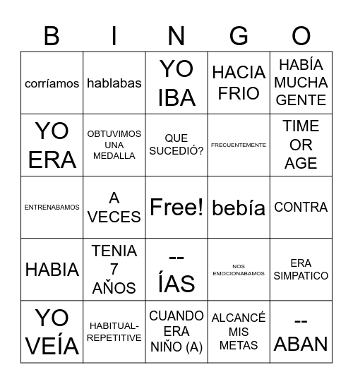 Imperfecto Bingo Card