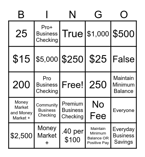 Business Checking and Savings Bingo Card