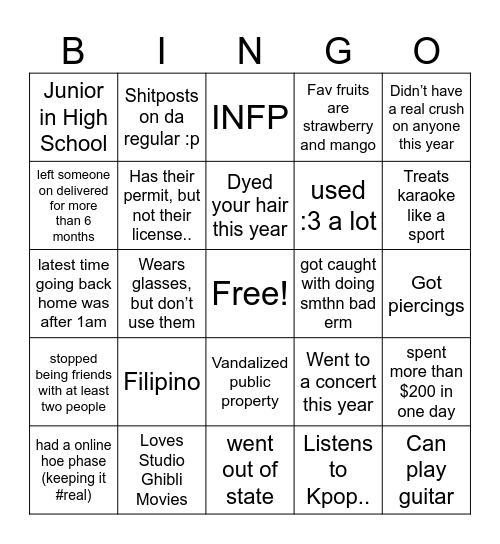 josh’s bingo Card