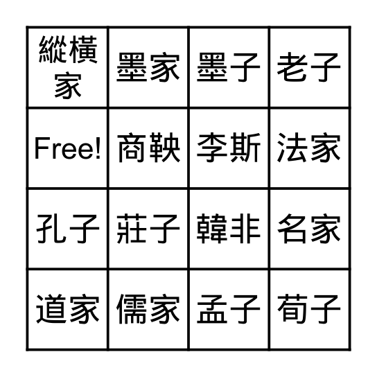 國中-九流十家 Bingo Card