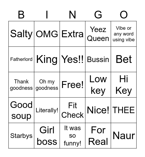Haley’s Slang Bingo Card
