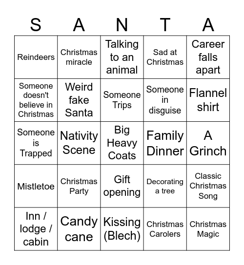 Generic Christmas Movie Bingo Card