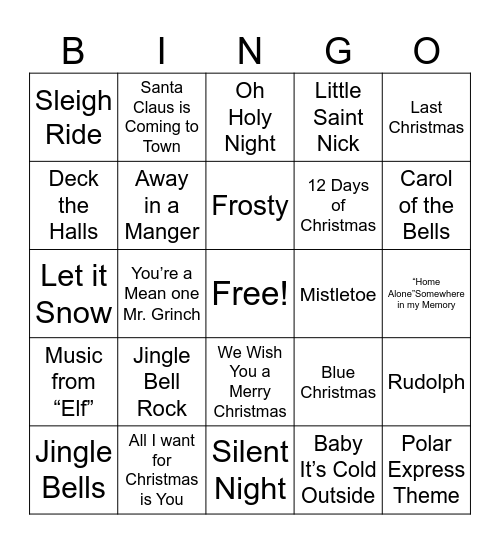 Holiday Music Bingo Card