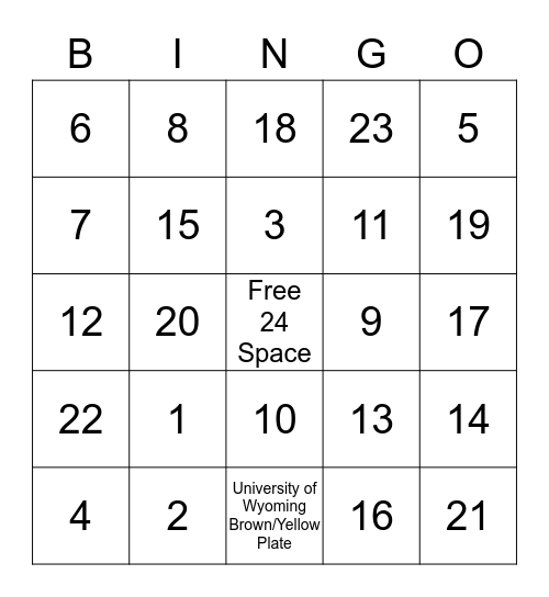 WY license plates start with the county #-look for all 23! Bingo Card