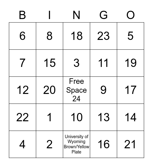 WY license plates start with the county #-look for all 23! Bingo Card