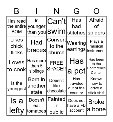 Williams Ward YSA People Bingo Card