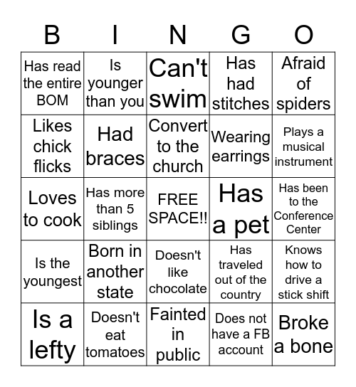 Williams Ward YSA People Bingo Card