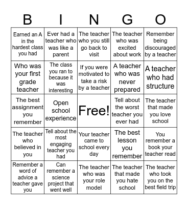 School Days Bingo Card