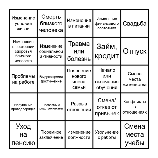 Стресс Бинго Bingo Card