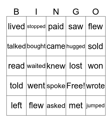 Past tense verbs; regular and irregular Bingo Card