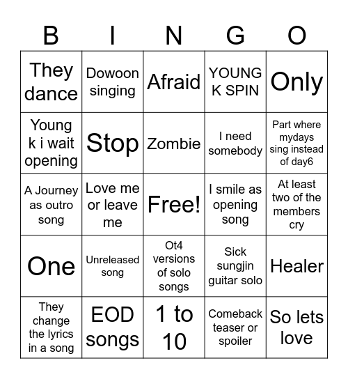 Day6 The Present Predictions Bingo Card