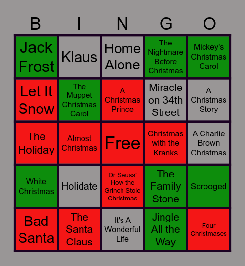 Holiday Movie Bingo Card