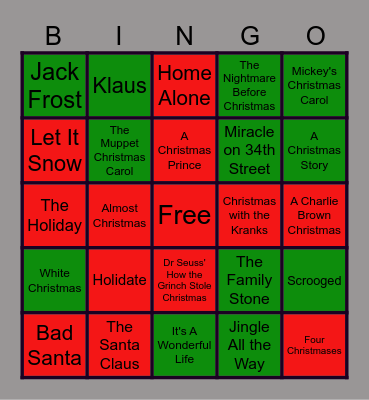 Holiday Movie Bingo Card